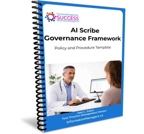 AI Scribe Governance Framework male physician in white lab coat at desk with computer monitor speaker and keyboard with female patient sitting across from the physician